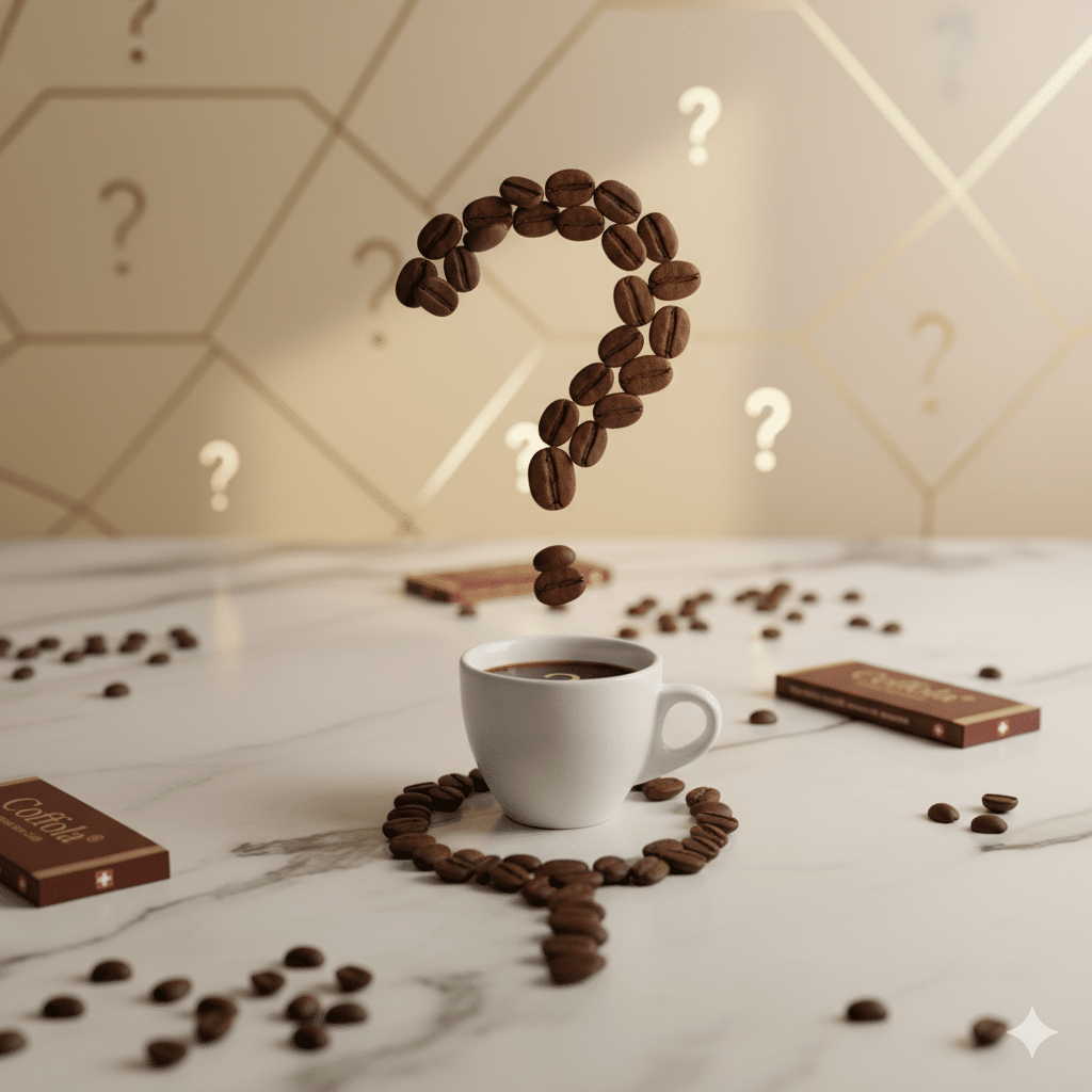 Tasse de café avec point d’interrogation formé par des grains de café – image FAQ Coffola®, le café à croquer Made in Switzerland